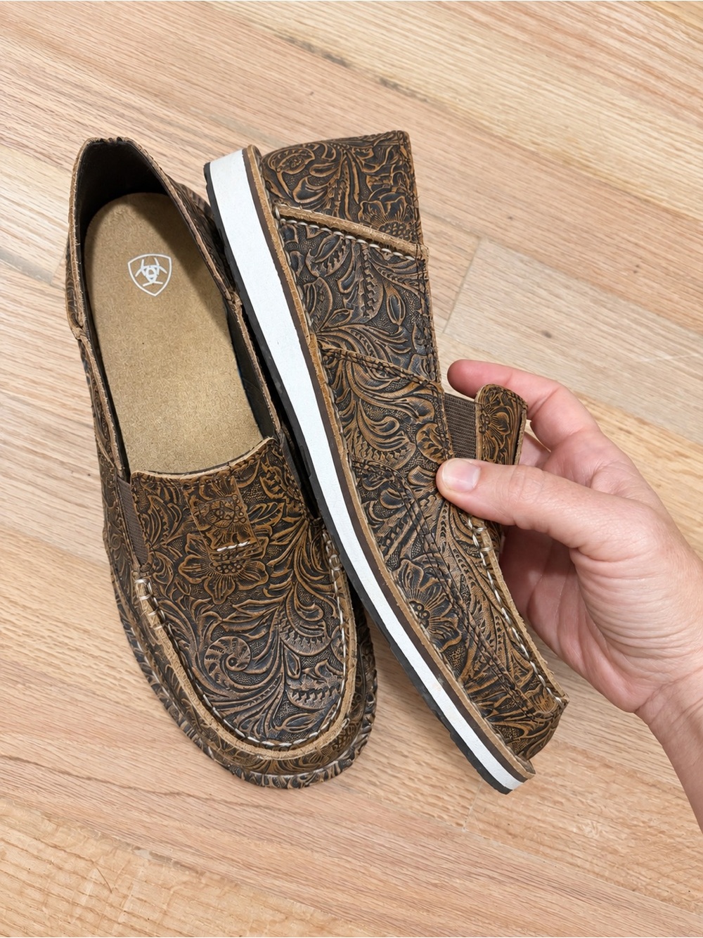Ariat Brown Floral Tooled Slip-On Loafers